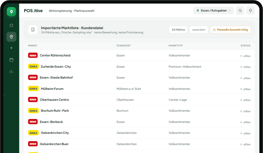 POS-i Marktauswahl: importierte Kundenliste, 34 M&auml;rkte unsortiert und ohne Bewertung